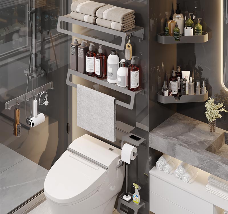 No Drilling Bathroom Accessories set Space aluminum Wall Mounted Wall Shelf storage organizer