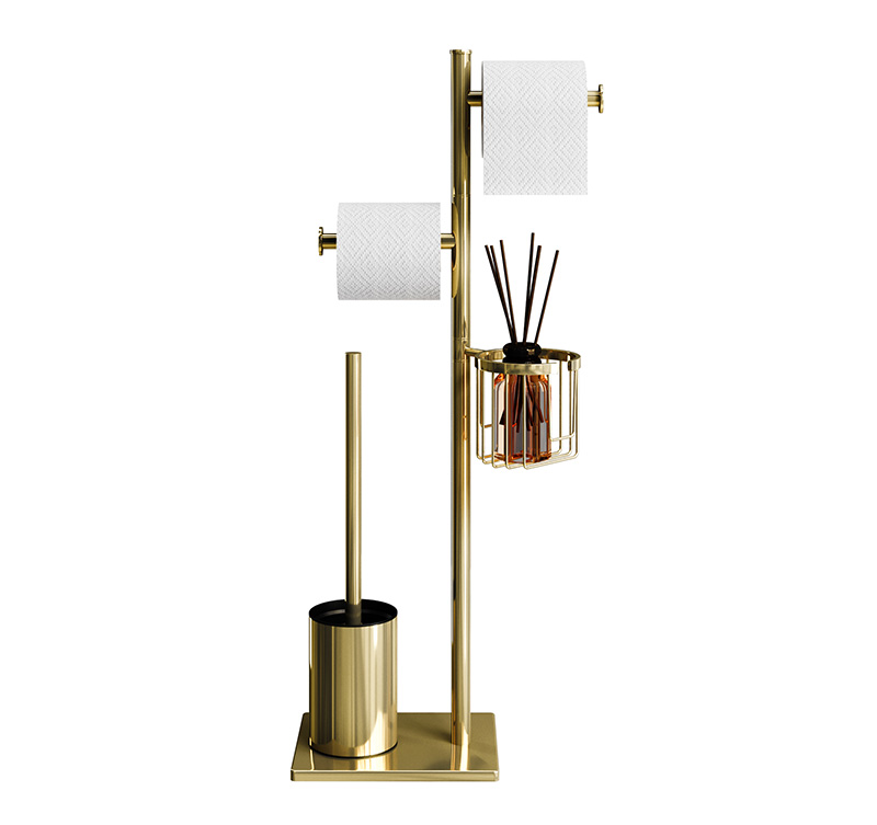 Gold Multifunctional Wholesale Bathroom 304 Stainless Steel FreeStanding Toilet Brush with Toilet Paper Holder