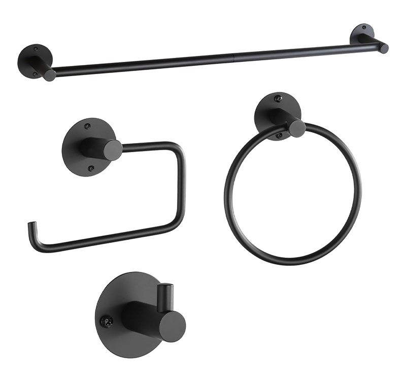 Premium Matte Black 4 piece Bathroom Hardware Set - Towel Bar, Toilet Paper Holder, Hand Towel Ring & Robe Hook