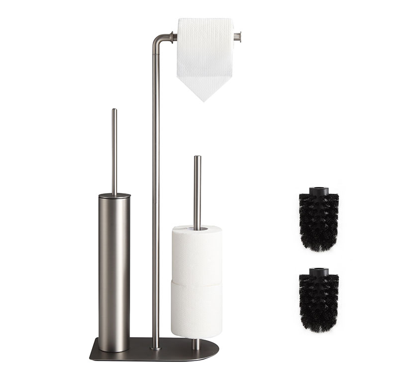 Ensemble porte-papier toilette et brosse de toilette sur pied moderne en acier inoxydable avec brosses de rechange