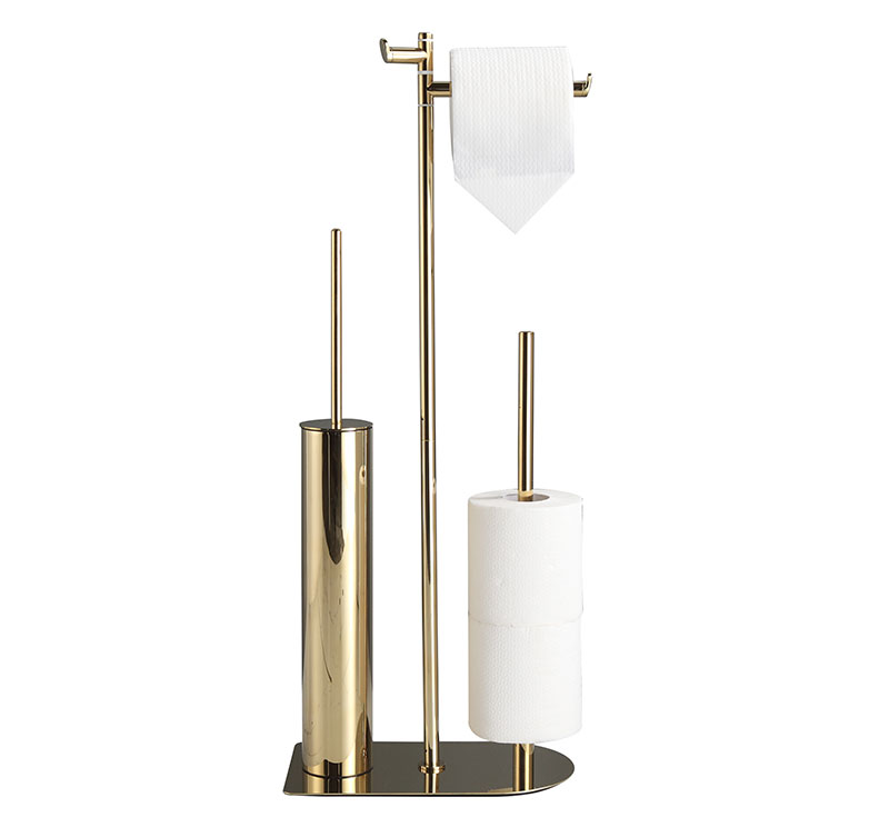 Porte-papier toilette autoportant de luxe doré avec rouleau de rechange et porte-brosse de toilette