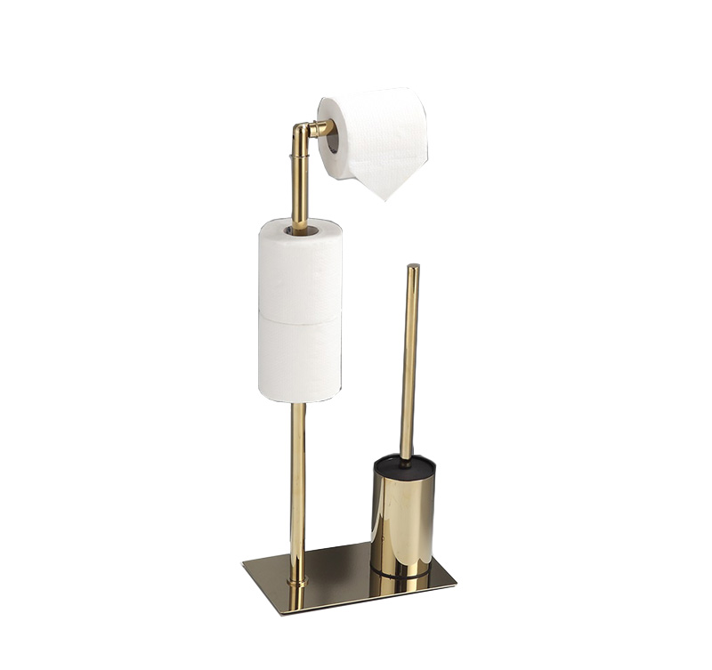 Free Standing Toilet Paper Holder and Brush Set - Gold Stainless Steel Modern Design for Bathroom
