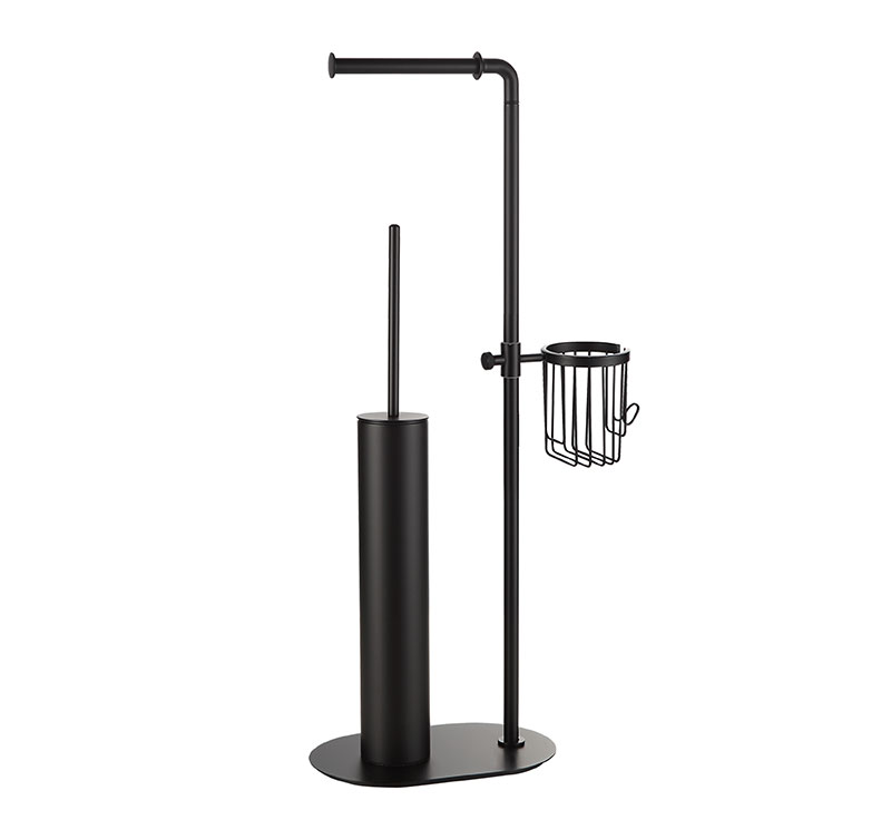 3-in-1 Black Stainless Steel Toilet Paper Holder with Storage Basket and Toilet Brush Stand - Space-Saving Bathroom Organizer