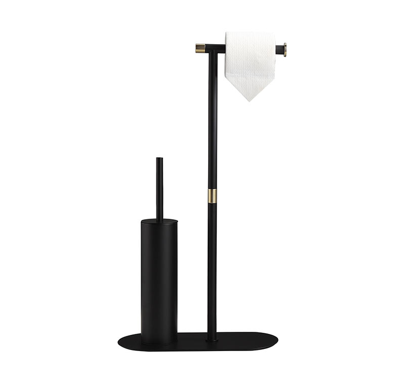 Black and Gold Freestanding Toilet Roll Holder with Toilet Brush Set - Modern Bathroom Accessory