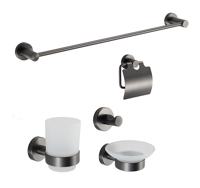 Gun-Gray Bathroom Hardware Accessory Set - Towel Bar, Toilet Paper Holder, Robe Hook, Tumbler Holder & Soap Dish Holder