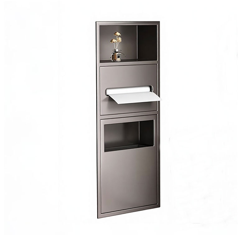 Recessed Stainless Steel Bathroom Niche with Integrated Tissue Holder and Removable Trash Bin