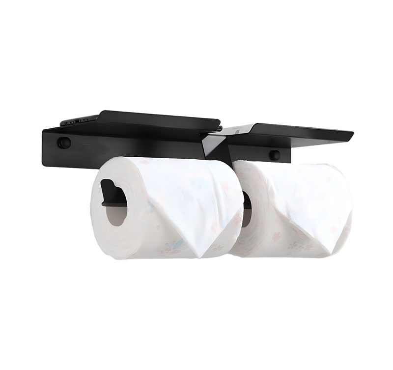 Modern Black Stainless Steel Toilet Paper Holder with Phone Shelf and Dual Roll Storage