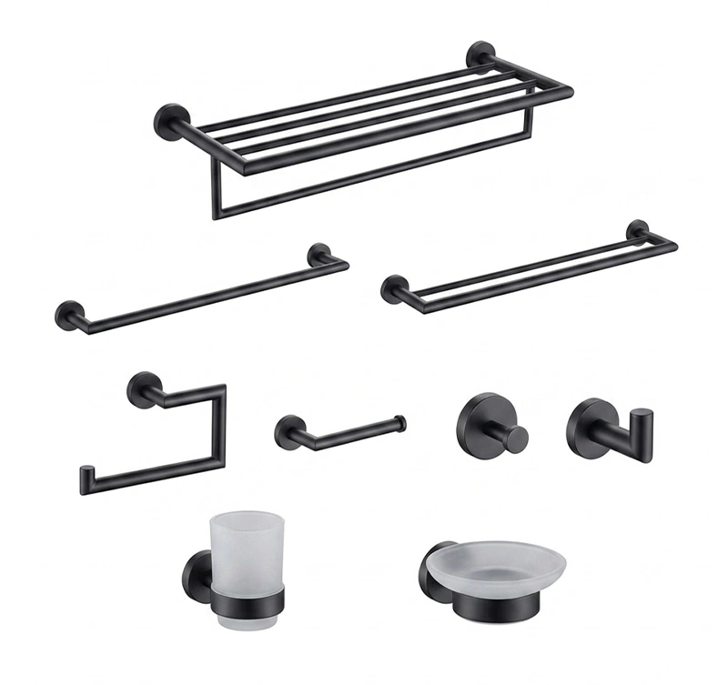 Modern Matte Black Complete Bathroom Hardware Set - Wall-Mounted Accessories Including Towel Rack, Toilet Paper Holder, Towel Ring, Hooks, Cup Holder & Soap Dish