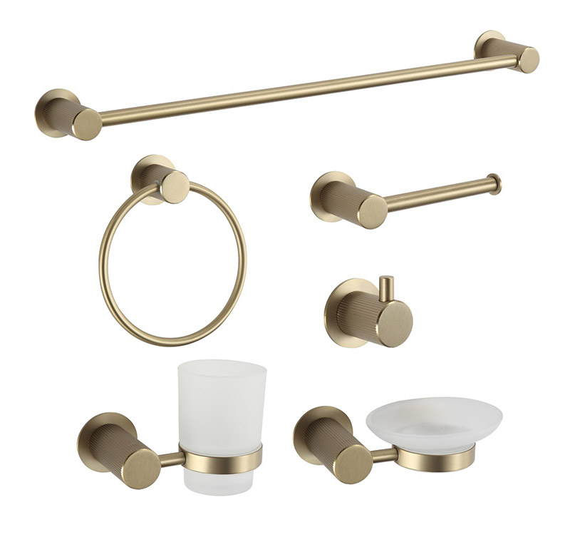 Brushed Gold Bathroom Hardware Set 7-Piece Modern Wall Mounted Towel Bar Toilet Paper Holder Towel Ring Robe Hook Soap Dish Tumbler Liquid Soap Dispenser