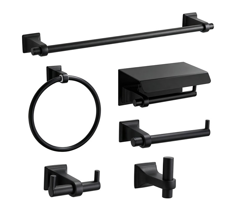 Matte Black Stainless Steel Bathroom Hardware Set - Wall-Mounted Towel Bar, Towel Ring, Toilet Paper Holder, and Double Robe Hook Kit for Modern Bathrooms