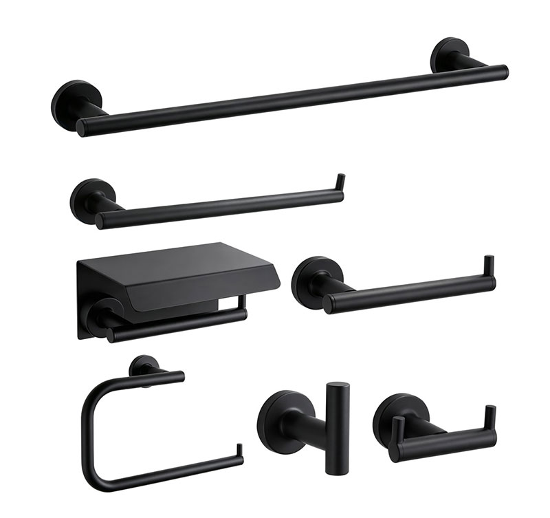 Black 304 Stainless Steel Bathroom Hardware Set - Matte Finish Wall-Mounted Towel Rack, Towel Bar, Double Hook, Toilet Paper Holder Kit for Modern Bathrooms
