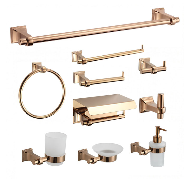 10 Pcs Polished Rose Gold SUS304 Stainless Steel Bathroom Hardware Set Vintage Embossed Wall Mount Towel Bar Towel Ring Toilet Paper Holder Robe Hook Soap Dispenser Bathroom Accessory Kit